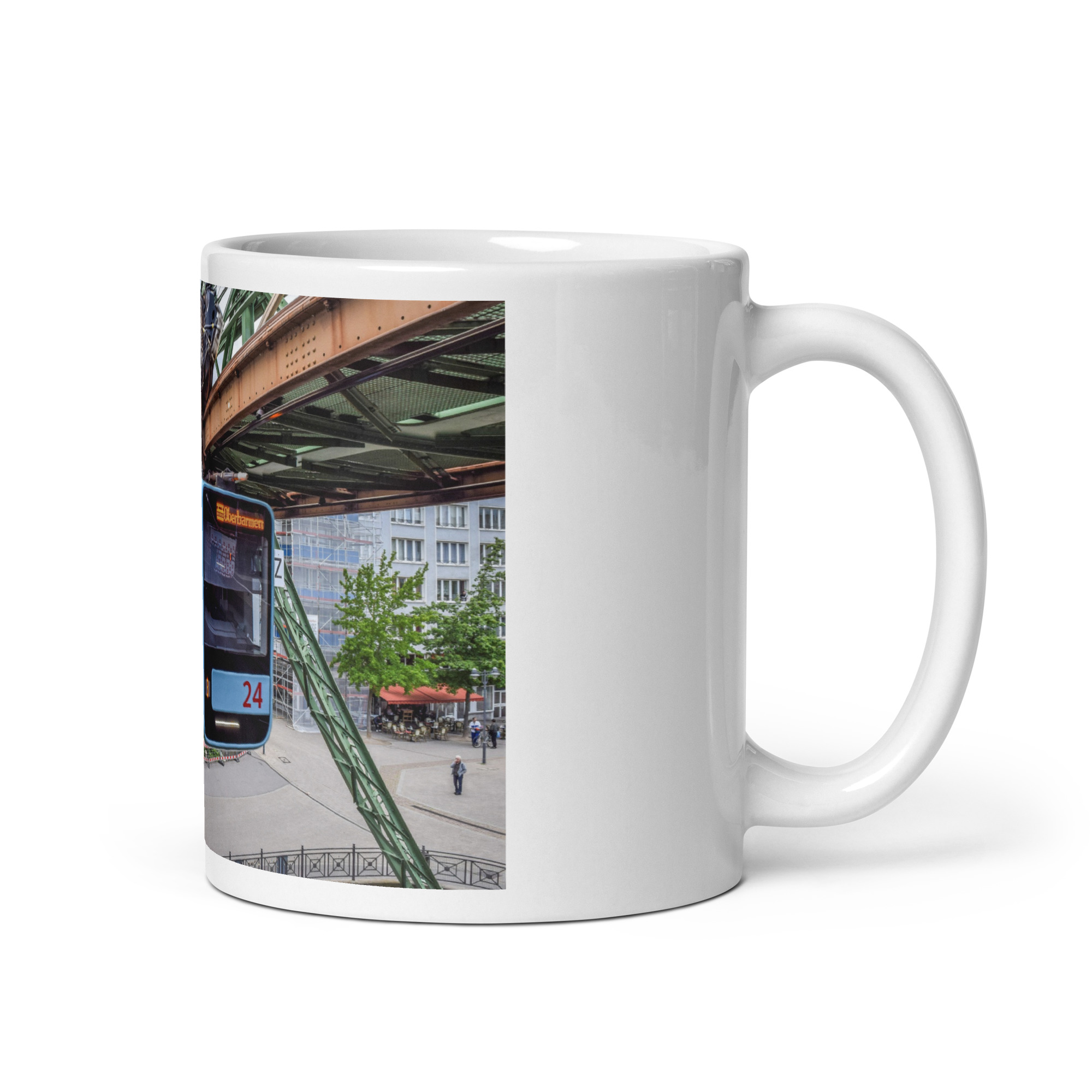 Weiße, glänzende Tasse mit Wuppertaler Schwebebahn